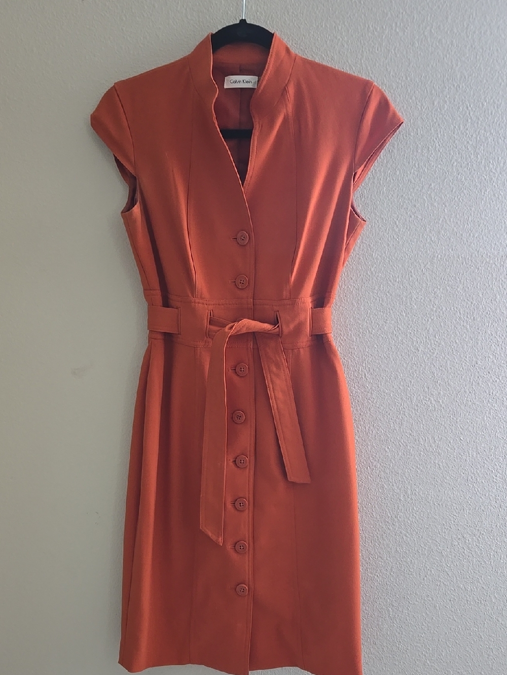 Calvin Klein Orange Button-Front Midi Dress with Waist Tie